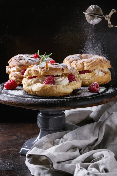 Choux cake Paris Brest with raspberries — Stock Photo, Image