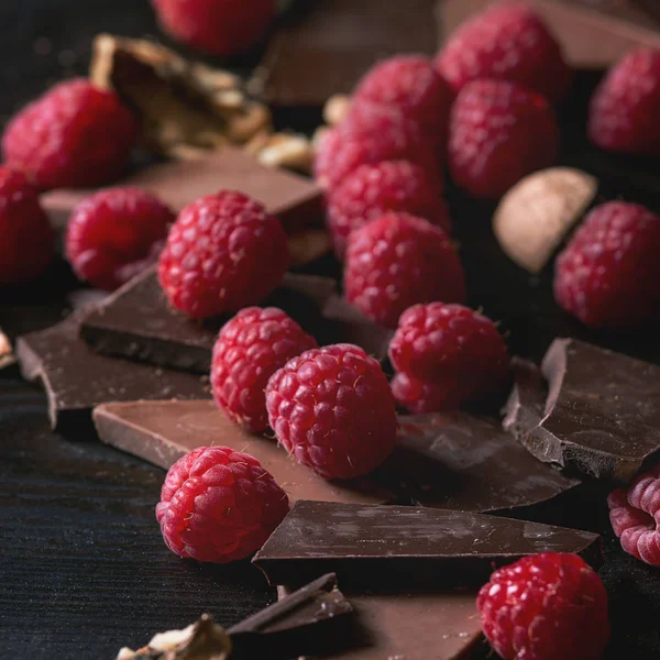 Variety of chopping chocolate with raspberries — Stock Photo, Image