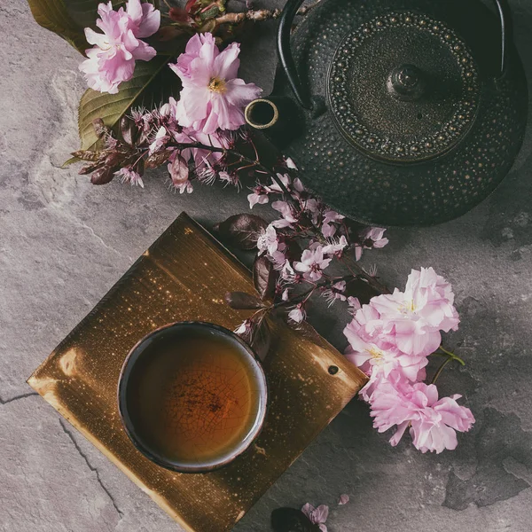 Theepot en kopje thee met bloesem tak — Stockfoto