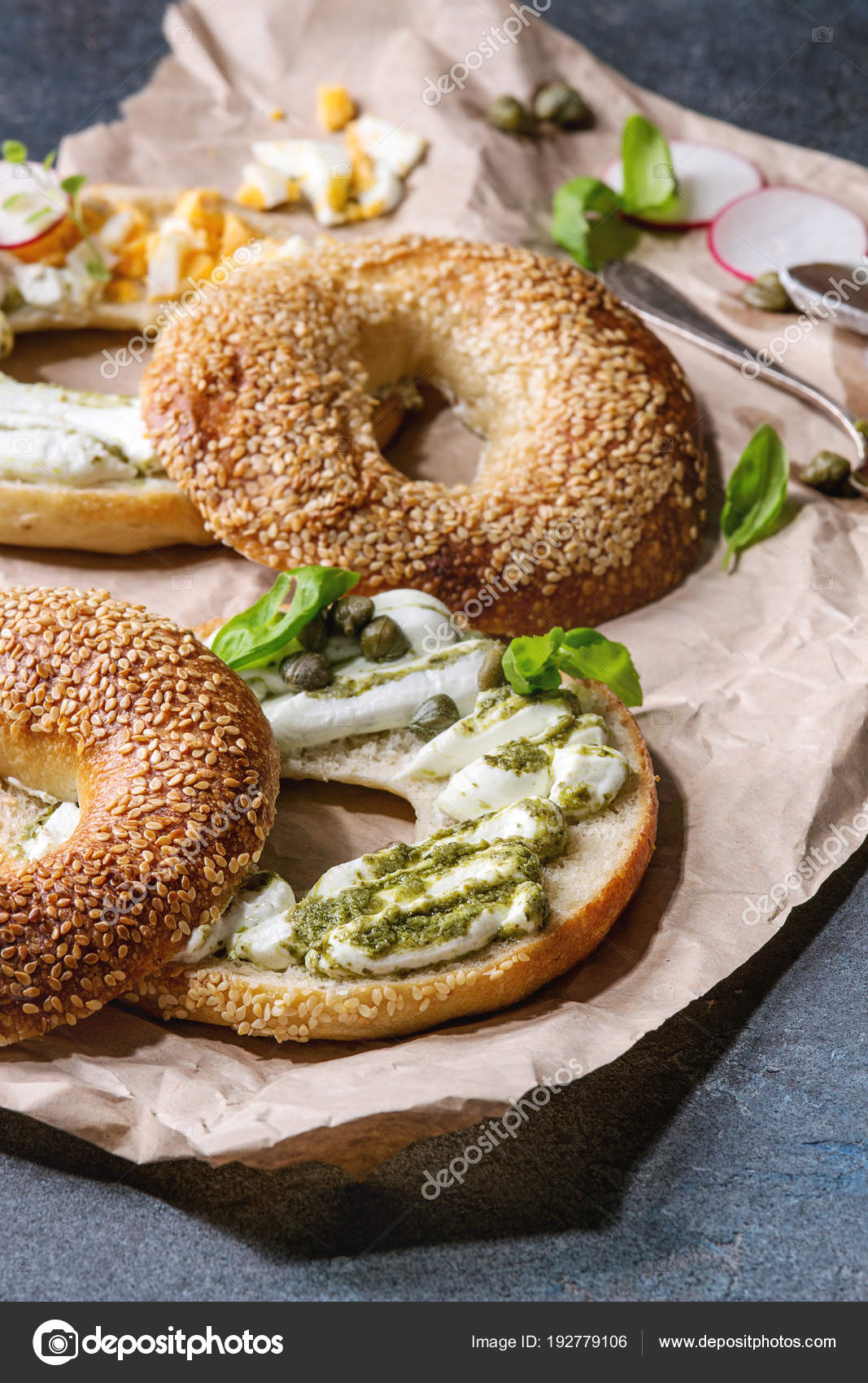 Variety Homemade Bagels Sesame Seeds Cream Cheese Pesto Sauce Eggs