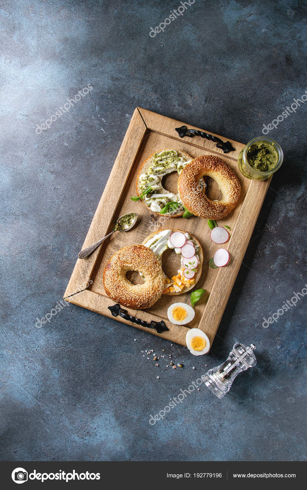 Variety Homemade Bagels Sesame Seeds Cream Cheese Pesto Sauce Eggs
