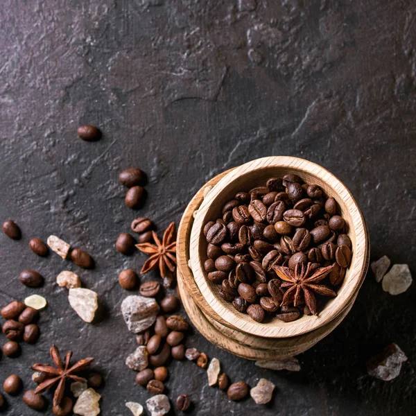 Variety Coffee Beans Brown Sugar Spices Wooden Bowls Dark Texture — Stock Photo, Image