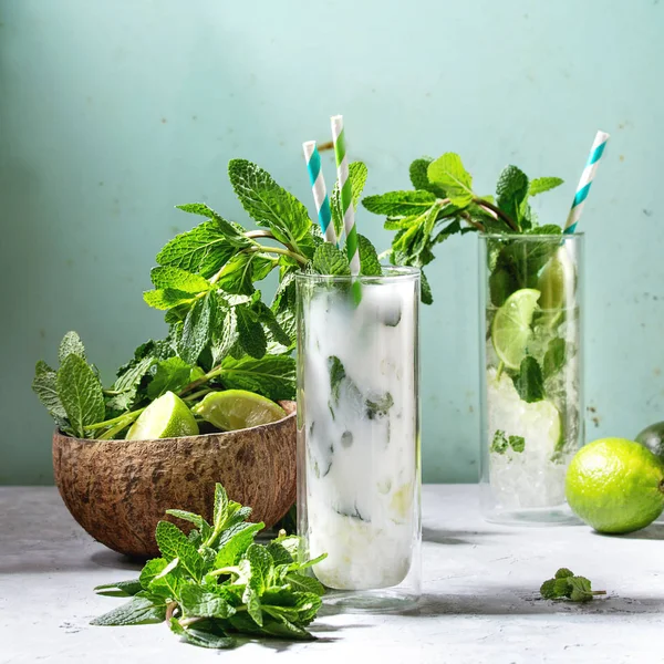 Two Glasses Classic Coconut Milk Mojito Cocktail Fresh Mint Limes — Stock Photo, Image