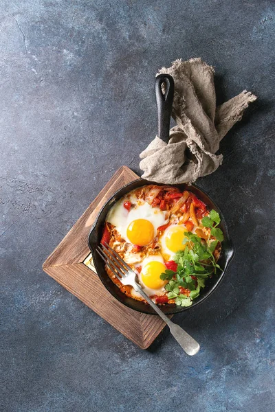 Hagyományos Izraeli Konyha Edények Shakshuka Sült Tojás Zöldség Paradicsom Paprika — Stock Fotó