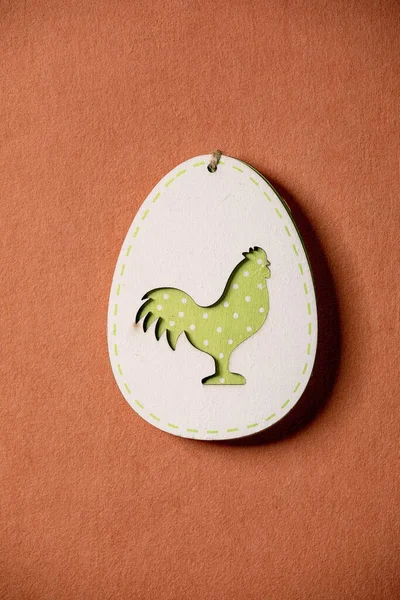 Minimal Easter Greeting Card Wooden Decoration Egg Chicken Bright Orange — Stock Photo, Image