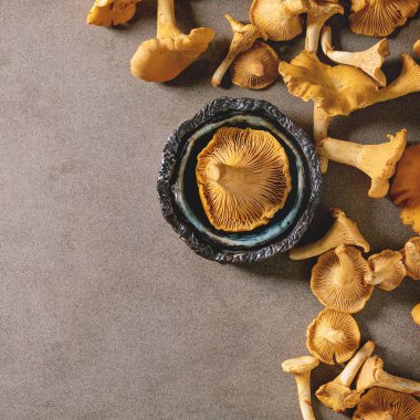 Orman chanterelle mantar, çiğ pişmemiş, kahverengi doku arka plan üzerinde seramik kase ile. Düz döşeme, kopyalama alanı