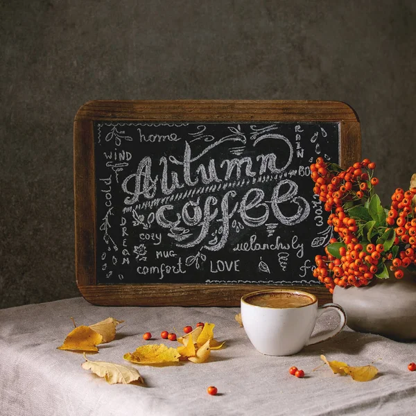 Filiżanka Kawy Espresso Rocznika Tablica Odręczny Napis Płótnie Stołowe Żółtym — Zdjęcie stockowe