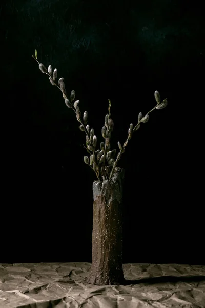 春の気分はまだ崩れクラフト紙とテーブルの上のセラミック花瓶に花柳の枝で生活します 暗い背景 — ストック写真