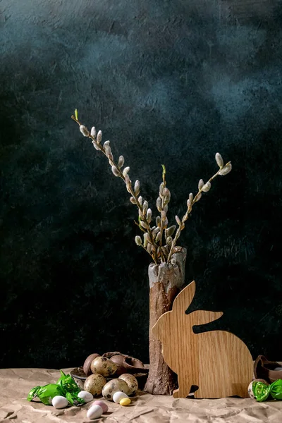 Easter Mood Still Life Blossom Willow Branches Ceramic Vase Wooden — Stock Photo, Image