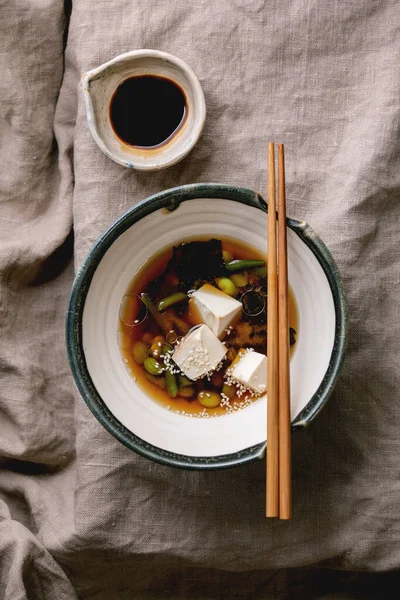 Bouillon Japonais Miso Soupe Avec Des Cubes Tofu Soie Edamame — Photo