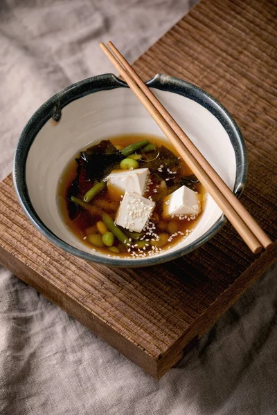 Japanese Miso Broth Soup Silk Tofu Cubes Soy Beans Edamame — Stock Photo, Image