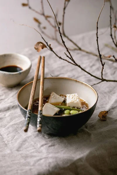 Ιαπωνική Σούπα Ζωμού Miso Μεταξωτούς Κύβους Tofu Σπόρους Σόγιας Edamame — Φωτογραφία Αρχείου