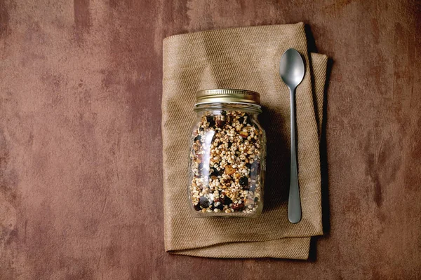 Homemade Crunchy Puffed Millet Grain Granola Dried Fruits Nuts Glass — Stock Photo, Image