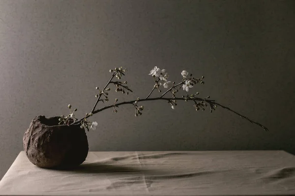 Branches Cerisier Fleurs Dans Vase Artisanal Argile Sur Nappe Grise — Photo