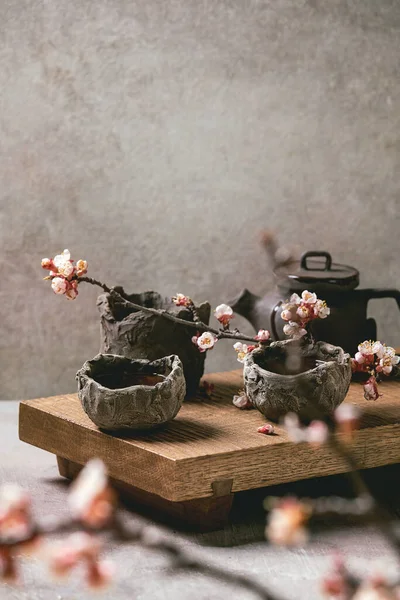 Thé Boire Wabi Sabi Style Japonais Tasses Argile Sombre Théière — Photo