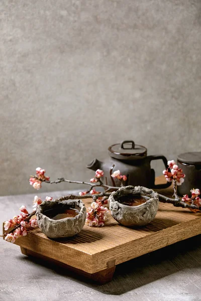 Thé Boire Wabi Sabi Style Japonais Tasses Argile Sombre Théière — Photo