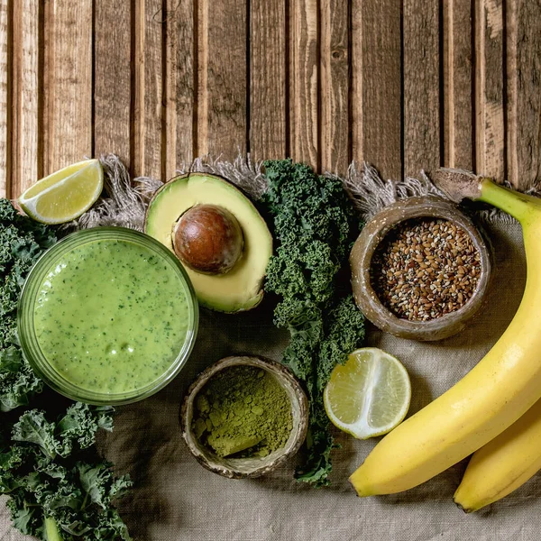 Glass Green Healthy Vegan Smoothie Glass Straw Ingredients Kale Bananas — Stock Photo, Image
