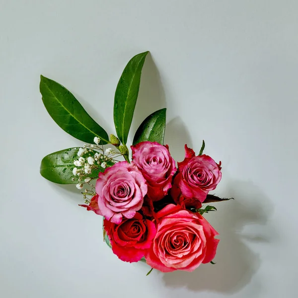 Kreatív Elrendezés Gyönyörű Rózsaszín Rózsákkal Zöld Levelekkel Szürke Alapon Lapos — Stock Fotó