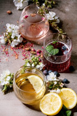 Parlak renkli içkilerle farklı kokteyl bardakları pembe gül şampanyası, elma şarabı veya limonata, limon, yabanmersini, nane. Yukarıdaki kiraz dalları. Gri doku arkaplanı.