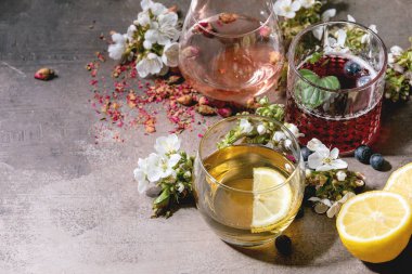 Parlak renkli içkilerle farklı kokteyl bardakları pembe gül şampanyası, elma şarabı veya limonata, limon, yabanmersini, nane. Yukarıdaki kiraz dalları. Gri doku arkaplanı.