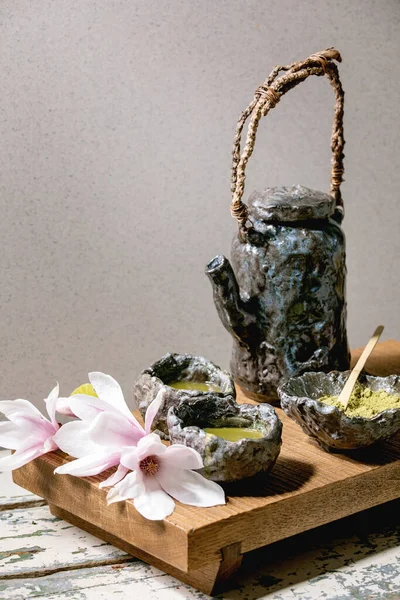 Japanese Matcha Green Tea Craft Ceramic Cups Matcha Powder Bamboo — Stock Photo, Image