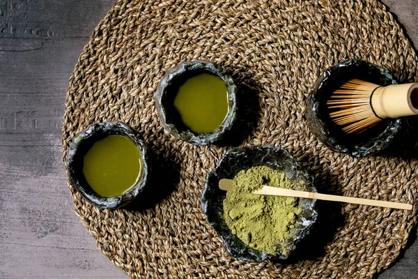 Japanese Matcha Green Tea Craft Ceramic Cups Matcha Powder Bamboo — Stock Photo, Image