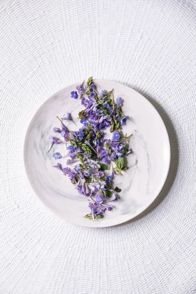 Violet Fleurs Comestibles Violettes Sur Plaque Blanche Sur Fond Textile — Photo