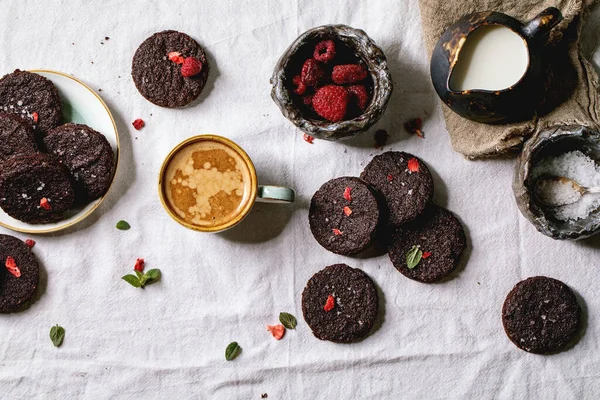 Homemade Dark Chocolate Salted Brownies Cookies Decorated Dried Fresh Raspberries — Stock Photo, Image