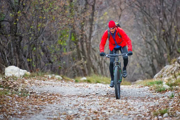 Байкер с горным велосипедом на грунтовой дороге — стоковое фото