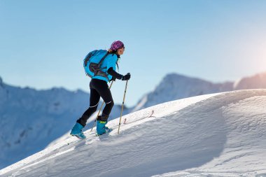 Uphill girl with seal skins and ski mountaineering clipart
