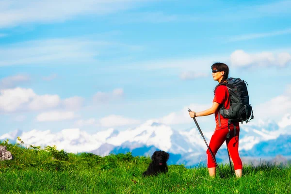 Dívka během horské pěší výlet s pejskem — Stock fotografie
