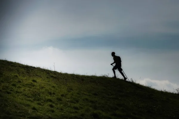 Nordic walking uphill on a hilly meadow in silhouette — Stock Photo, Image