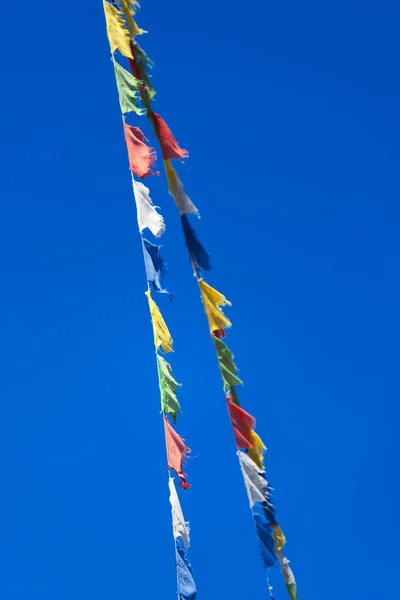 Renkli Tibetli Budist dua bayrakları sallayarak iki satır — Stok fotoğraf