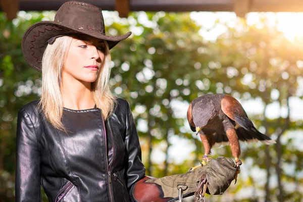 Vacker blond kvinna håller en harris hawk på en skyddande glo — Stockfoto
