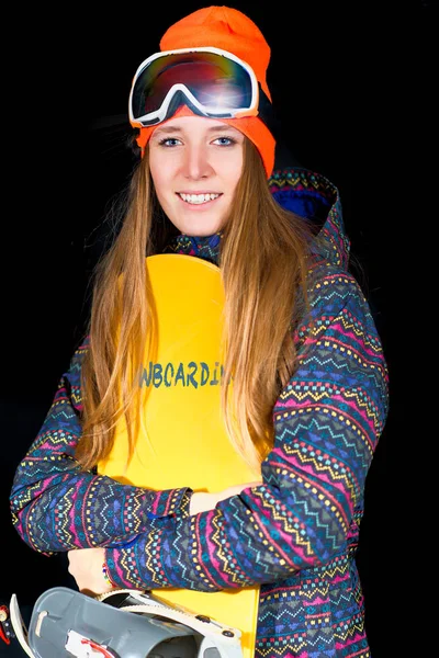 Snowboard ve kış spor giyim ile uzun saçlı sarışın kız ben — Stok fotoğraf