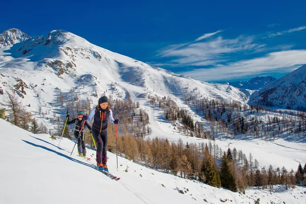 Ski alpinizm dwa dziewczynka pod górę w kierunku góra — Zdjęcie stockowe