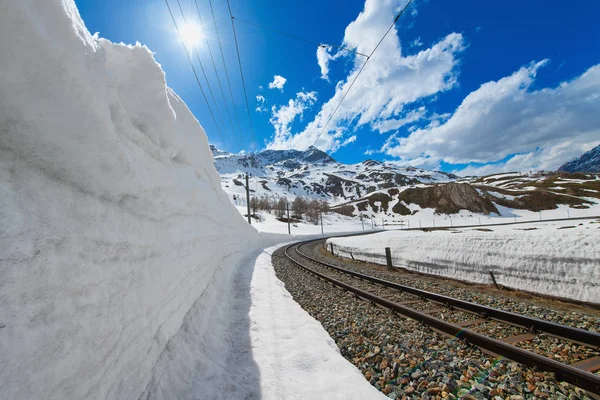 Muro Nieve Para Paso Del Ferrocarril Rhaetian Los Alpes Suizos — Foto de Stock