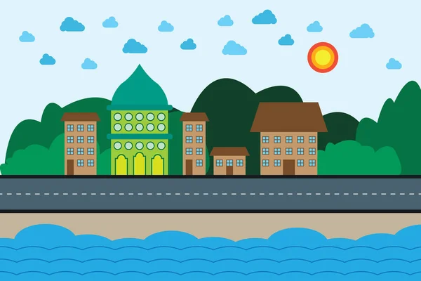 Sahil manzarası ve ormandaki şehir.