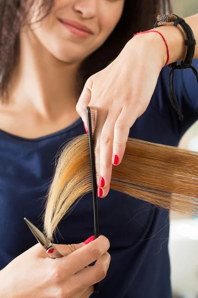 Close up view of female hairdresser hands cutting hair tips Stock Image