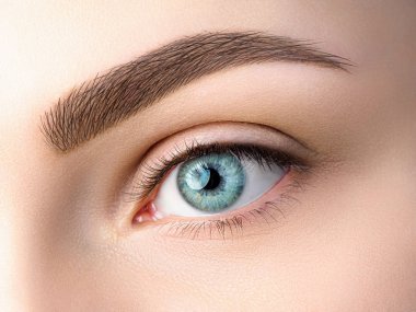 Güzel mavi kadın göz görünümünü kapatın. Mükemmel modaya uygun kaş. İyi görme, kontakt lensler, kaş çubuğu veya moda kaş makyaj kavramı