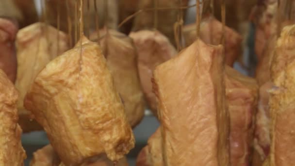 Виробництво копченого м'яса та ковбас у м'ясопромисловості . — стокове відео
