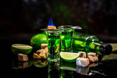 Alkolik içki, yaratıcı uyarıcı ve bohem yaşam tarzı temalı. gözlüklerdeki acı pelin otu tentürü.