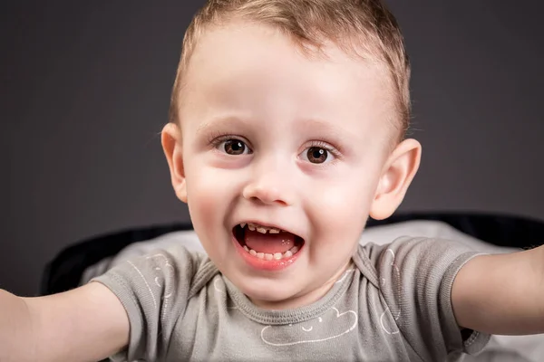 Emotional Smiling Boy Black Rotten Teeth Dental Medicine Healthcare Caries — Stock Photo, Image