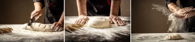 Güzel ve güçlü erkeklerin elleri hamuru yoğurarak ekmek, makarna ya da pizza yaparlar. Bir un bulutu toz gibi uçuşuyor. Yemek konsepti. Çeşitli setler. arkaplan resmi.