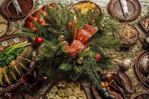 Επίπεδη Lay Delicious Χριστουγεννιάτικο Τραπέζι Θέμα Δώδεκα Πιάτα Χωρίς Κρέας — Φωτογραφία Αρχείου