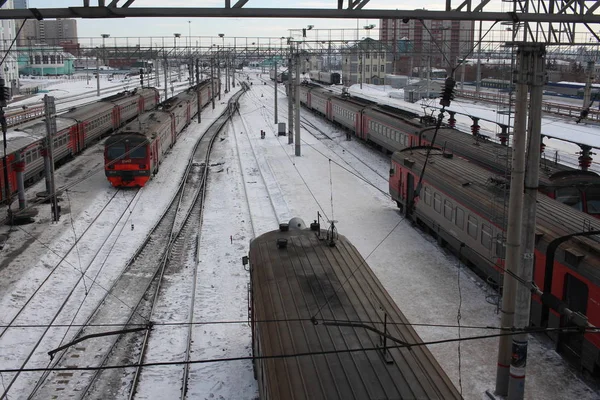 Rússia Novosibirsk 2019 Estação Ferroviária Para Estação Trens Elétricos Para — Fotografia de Stock