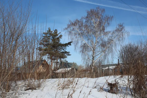 Holzverlassene Häuser Winter Schnee Mit Einem Zaun Dorf — Stockfoto