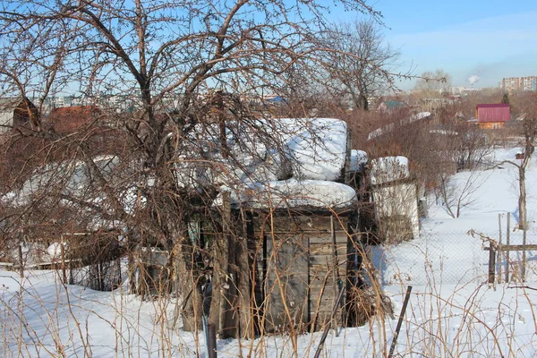 Holzverlassene Häuser Winter Schnee Mit Einem Zaun Dorf — Stockfoto