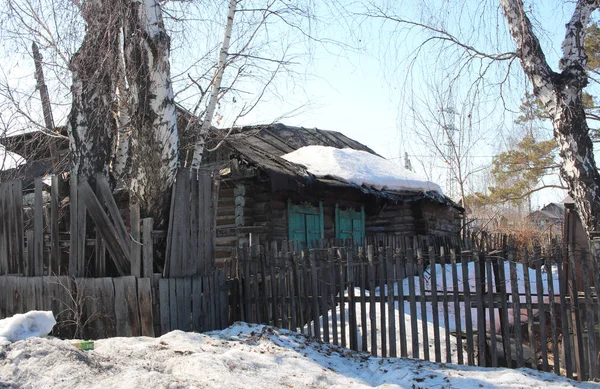 Old Wooden Abandoned House Fence Village Winter — Stock Photo, Image