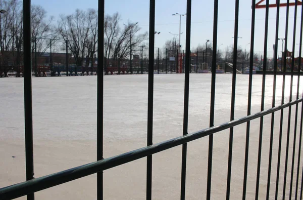 Covered Sports Ground Street Stadium Playing Football Iron Fence Made — Stock Photo, Image